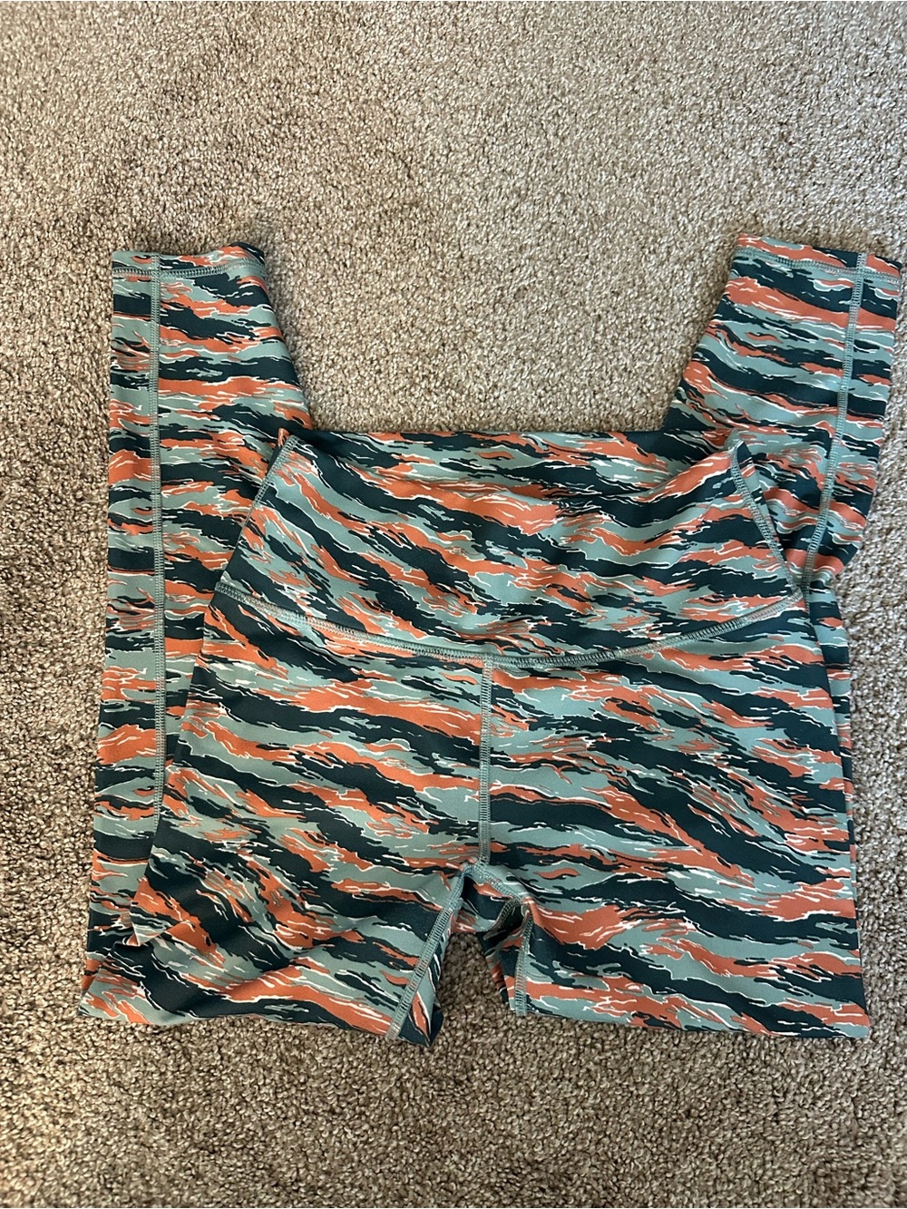 Fabletics Women's Leggings in Teal, Orange & Black Camo Print